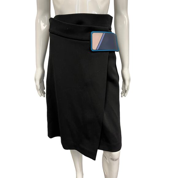 PRADA Black Neoprene Cotton Wrap Rubber Logo Patch Knee Length Skirt 40 US 4 - Picture 2 of 7